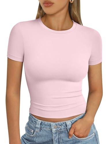 AUTOMET Women's Short Sleeve T Shirts Basic Summer 2025 Workout Tops Crew Neck Gym Crop Tops Trendy Y2K Clothes Light Pink M