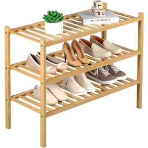 ROMGUAR CRAFT 3 Tier Bamboo Shoe Rack for Closet Free Standing Wood Shoe Shelf Storage Organizer for Entryway Small Space Stackable 27"x11"x20" (Natural)