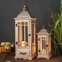 TIMRIS Large Rustic Wooden Metal Decorative Lantern Set of 2, Modern Farmhouse Floor Candle Lanterns with Drawer, Indoor/Outdoor Hanging Lanterns for Home Decor (No Glass)