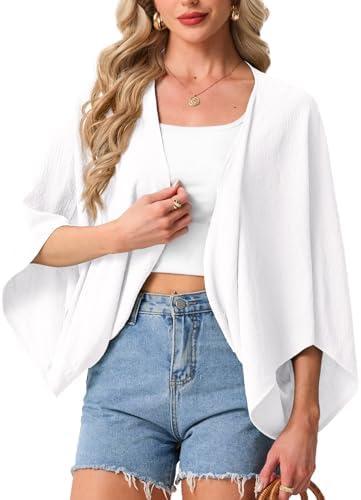 GRECERELLE Women's Summer Lightweight Cardigan Open Front Casual Loose Cropped Kimono Oversized Cover Ups, White, M