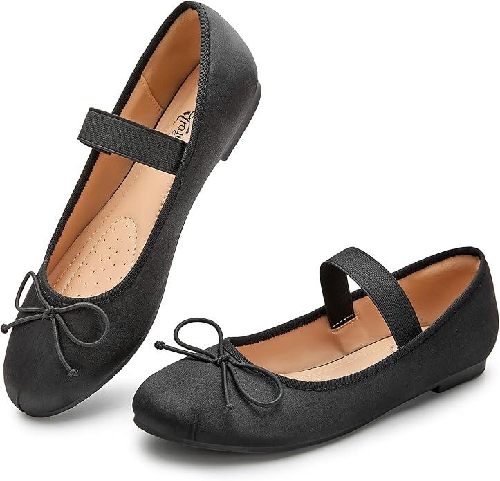 Trary Ballet Flats for Women Closed Round Toe Mary Jane Shoes Women Cute Bowknot Non-Slip Dressy Shoes Elastic Strap Comfortable Women's Flats for All-Year Daily Work Causal, 8 1/2 