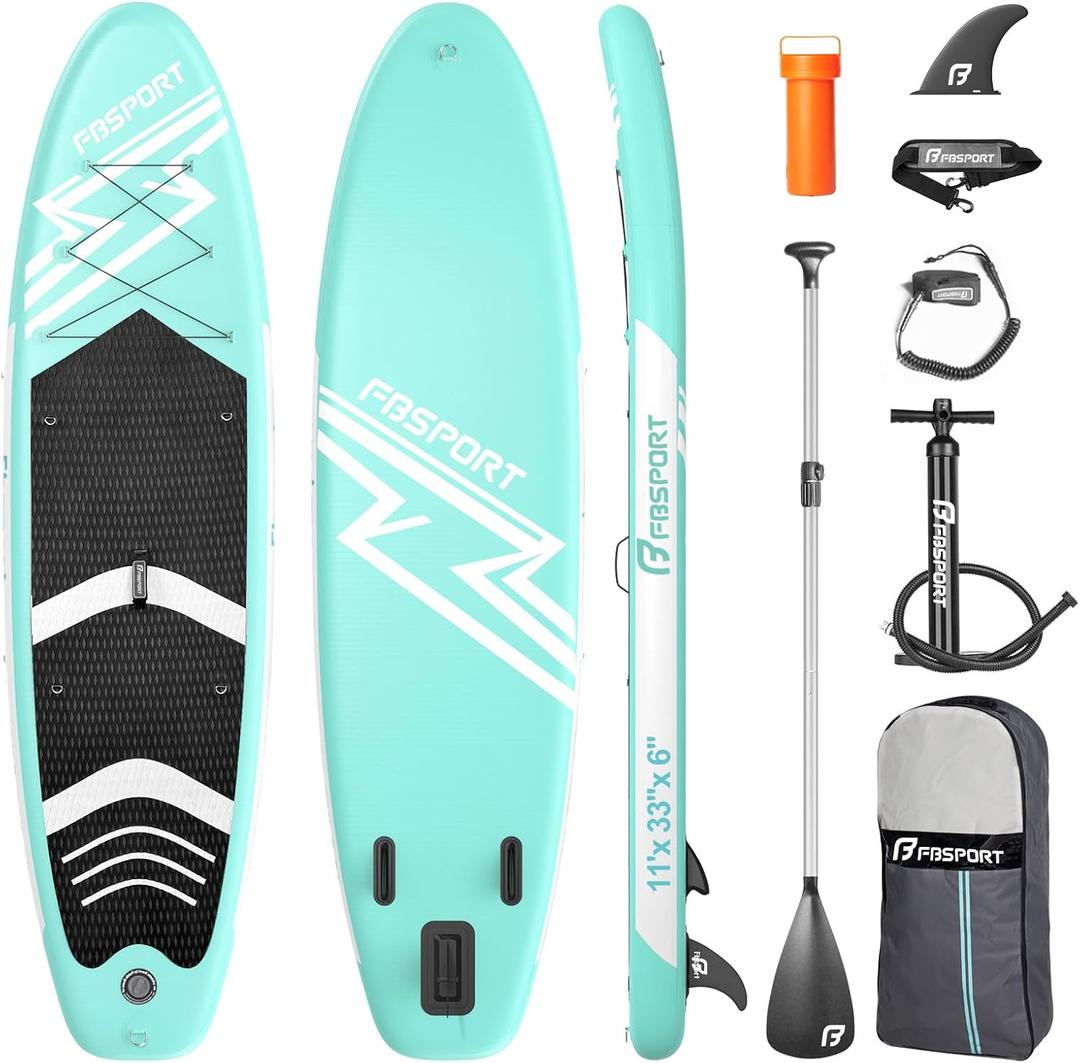 FBSPORT 11' Premium Stand Up Paddle Board, Yoga Board with Durable SUP Accessories & Carry Bag | Wide Stance, Surf Control, Non-Slip Deck, Leash, Paddle and Pump for Youth & Adult (MInt Green)