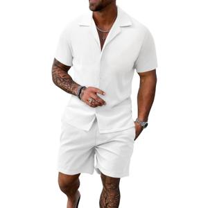 UOUA 2 Piece Short Sets for Men Summer Beach Outfits Stripe Texture Button Down Shirts & Shorts Casual Vacation Set (Large, White)
