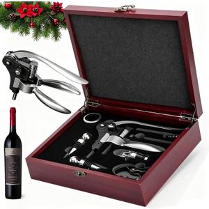 Wine Bottle Opener Corkscrew Gift Set, 8 Pieces Manual Corkscrews Wine Opener with Classic Wooden Box, Stainless Steel Wine Opener kit Wedding Valentines Day Gifts for Wine Lovers (Silver)