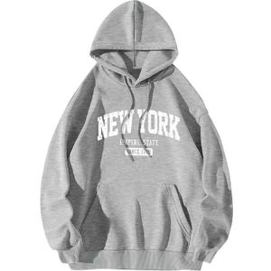 ORANDESIGNE Letter Graphic Print Hoodies for Women Oversized Long Sleeve Casual Drawstring Fall Pullover Sweatshirt Tops (Large, New York Light Grey)