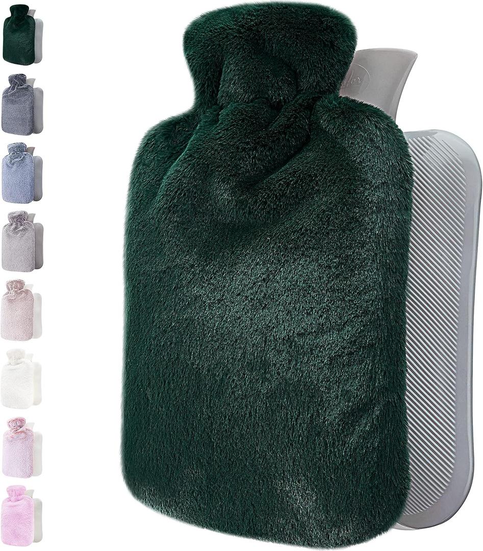 Qomfor Hot Water Bottle with Soft Cover - 1.8L Large - Classic Hot Water Bag for Pain Relief, Neck and Shoulders, Feet Warmer, Menstrual Cramps, Hot and Cold Therapy - Great Gift for Women - Green