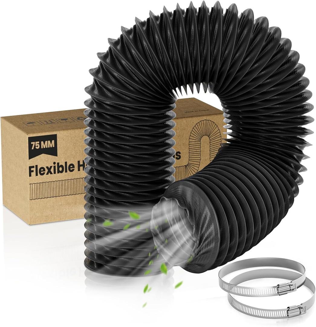 HG Power 3 Inch Duct Hose, 3" X 8FT Flexible Nylon Duct, Heavy Duty Hose Hose Air Ducting with 2 Clamps for HVAC, RV, Boat Blower, Bathroom Exhaust Black