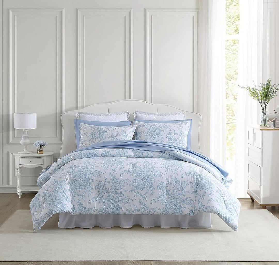 Laura Ashley- Twin Comforter Set, Cotton Reversible Bedding Set with Matching Sham(s), Farmhouse Home Dcor (Bedford Blue, Twin)