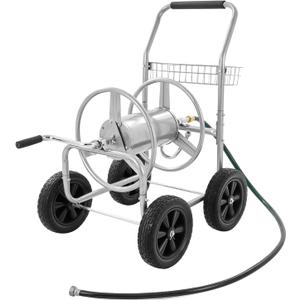 VEVOR Hose Reel Cart, Hold Up to 250 ft of 5/8 Hose, Garden Water Hose Carts Mobile Tools with 4 Wheels, Heavy Duty Powder-Coated Steel Outdoor Planting with Storage Basket, for Garden, Yard, Lawn