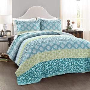 Lush Decor Bohemian Stripe Reversible Cotton Quilt Set, 3 Piece Set, Full/ Queen, Blue & Green - Striped Bedding Set - Blue Quilts Queen Size - Boho Decor