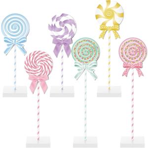 Amyhill 6 Pcs Christmas Candyland Table Decorations Wooden Colorful Candy Bow Block Tabletop Centerpieces Sign Xmas Tiered Tray Decor for Home Xmas Holiday Kitchen Party Decor