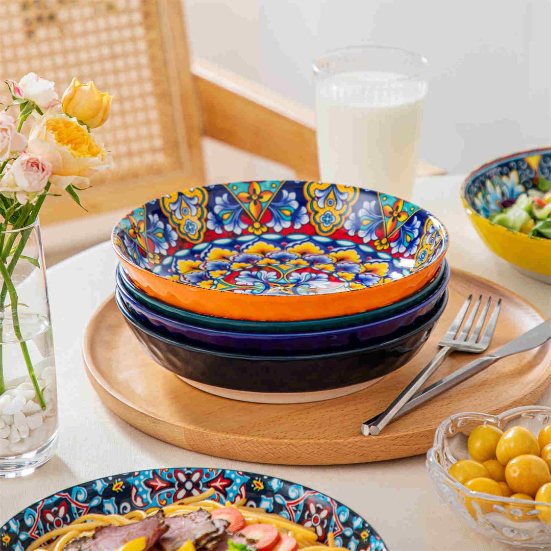 Artena Pasta Bowls, 50oz Large Salad Serving Bowls, 9.75'' Plates Bowls Set of 4, Big White Ceramic Soup Bowls for Kitchen, Embossment Shallow Dinner Bowl, Microwave Dishwasher Safe, Multiple Patterns