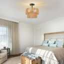 Boho Light Fixtures Ceiling Mount, 3-Light Rattan Chandelier Woven Double Layer, Semi Flush Mount Ceiling Light for Hallway Bedroom Farmhouse Kitchen Entryway Living Room