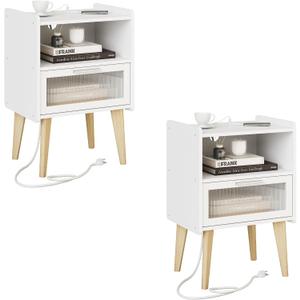 MMEOLUOOK Nightstand with Charging Station, Bedside Tables, End Table Side Table with 2 Tiers Storage Space, for Bedroom, Living Room, White MLBZ07WE-2, 15.7 inches x 11.8 inches x 25.2 inches