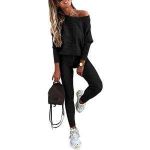 CHICME 2 Piece Lounge Outfit Long Sleeve Knit Pullover Tops Drawstring Pants Set Tracksuit Sweat suit (Medium, Black)