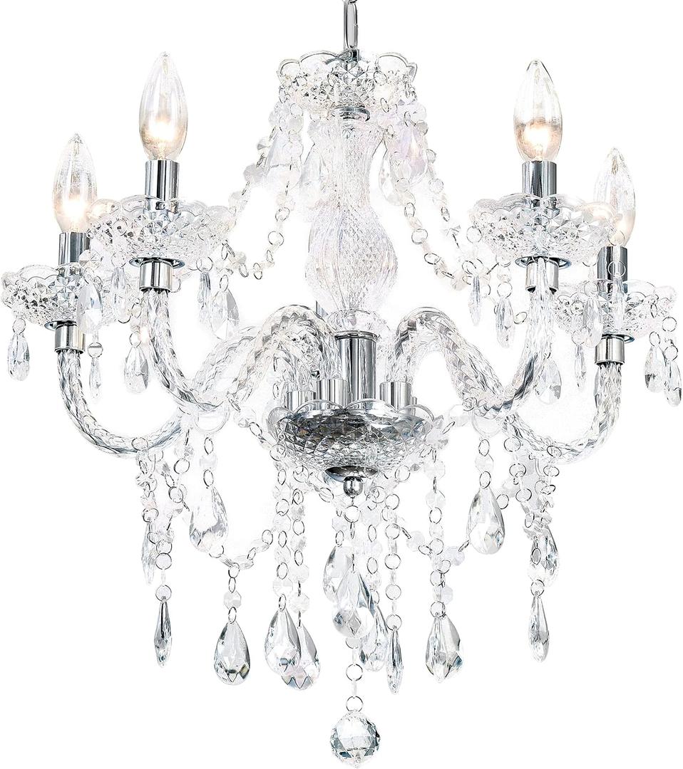 PAPAYA Crystal Chandeliers Clear Chandelier 5-Light Modern Pendant Ceiling Lighting Fixture with Acrylic Crystals & Beads for Girls Room,Living Room,Kitchen Island,Entryway