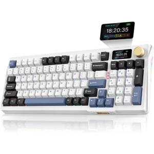 RedThunder K95 Wireless Mechanical Keyboard, TFT Screen & Knob, Tri-Mode BT5.0/2.4GHz/USB-C Hot Swappable Custom, Pre-lubed Linear Switches, Gasket Structure, RGB Gaming Keyboard, Snowy White-Blue