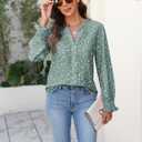 CiCiBird Womens Casual V Neck Blouses Button Down Shirts Long Sleeve Floral Print Business Work Tops (Green, L)