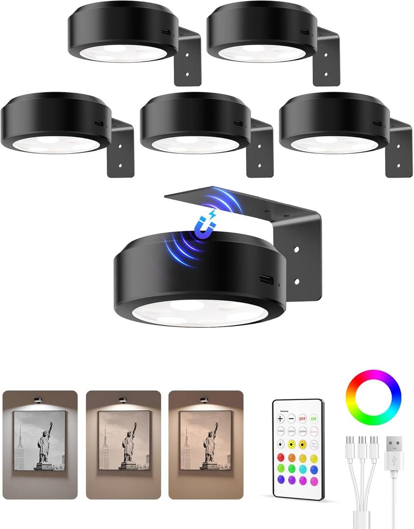 EZVALO Picture Lights for Wall, 2000mAh Rechargeable Battery Magnetic Poster Lights with 3 Color Temps & 12 RGB, Remote Dimmable Timer Painting Light, Wall Decor Light for Art Display, Frame (6 Pack) (Black)