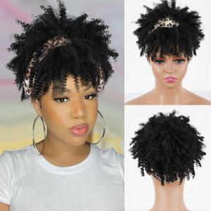 Aisaide Black Short Afro Headband Wigs for Women Synthetic Afro Kinky Curly Headband Wig with Bangs for Black Women Natural Afro Puff with Bangs Turban Wrap-Wig (4 Inch, Figured Cloth/Black#)