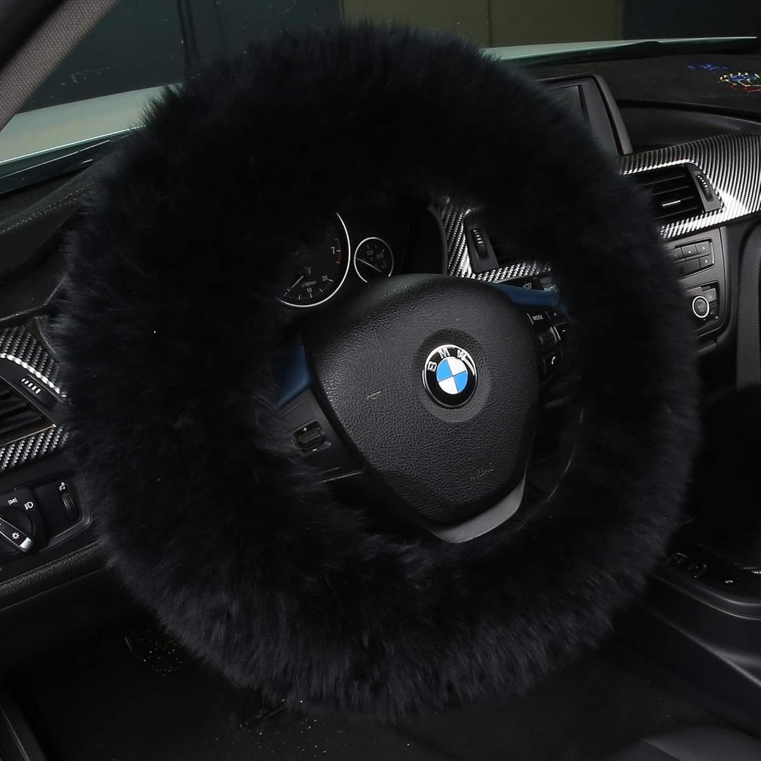 Andalus Luxurious Australian Sheepskin Long Wool Fuzzy Steering Wheel Cover, Anti-Slip 15 Inch Fluffy Steering Wheel Cover Offers a Plush Feel, Eco-Friendly Sheepskin Steering Wheel Covers (Black)