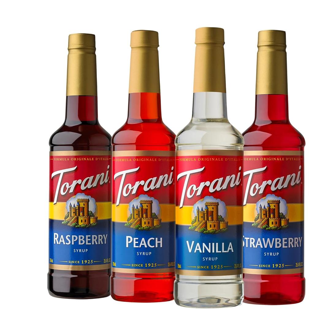 Torani Flavored Drink Syrup Soda Shop Variety Pack, Raspberry, Peach, Vanilla & Strawberry, 25.4 fl oz, BB: 12/30/2024 (Set of 4)