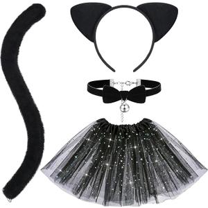Hotop 3 Pcs Black Cat Costume Set - Girls Cat Cosplay with Ears, Tail, Tutu Skirt for Kitty Halloween Dress Up Party