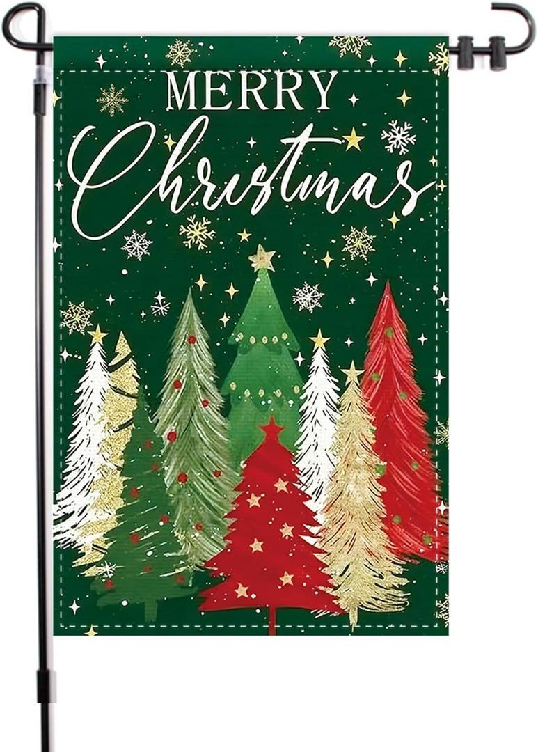 Merry Christmas Garden Flag Red Green Xmas Trees Snowflakes Patterns Yard Flag 12x18 Inch Garden Decorative Sign with Double-Sided Printing for Home Outside Yard Welcome Sign