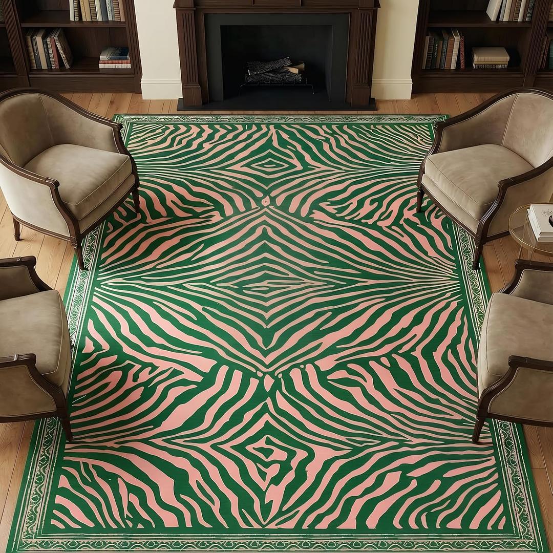 6X9 Area Rug for Living Room,Modern Abstract Pink and Green Zebra Print Rug,Non-Slip Washable,Bedroom, Dining Room, Home Office