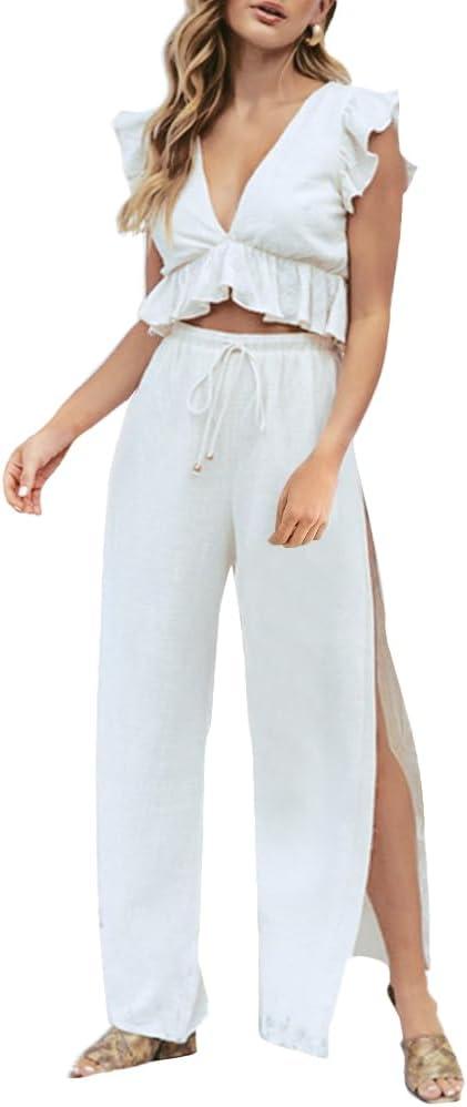 FANCYINN Womens 2 Pieces Outfits Deep V Neck Crop Top Side Slit Drawstring Wide Leg Pants Set Jumpsuits (X-Small, White)