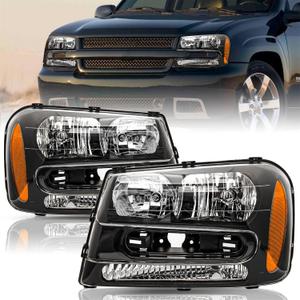 For [Full Length Grill Bar Type] 2002-2009 Chevy Trailblazer Headlights Assembly Pair Set Replacement Front Lamps Driver & Passenger Side NOT FIT 06-09 LT Type (Black Housing & Amber Reflector)