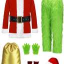 Christmas Costume Adult Men Santa Claus Outfit 7PCS Furry Green Giant Monster Professional Realistic Xmas Cosplay Suit M