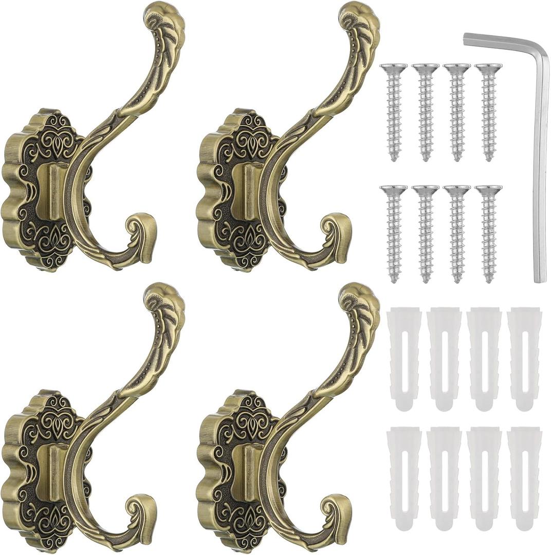 4 Pcs Vintage Coat Hooks, Antique Wall Hook, Gold Decorative Towel Hooks, Vintage Decorative Wall Mounted Hanger for Coats, Keys, Bags, Towel, Hat & Purse