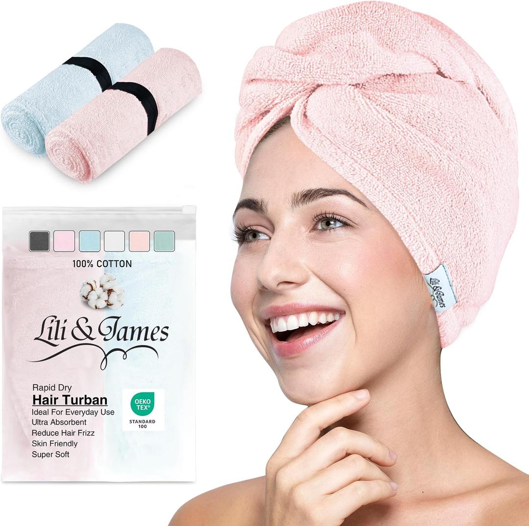 Lili&James 100% Cotton Hair Towel Wrap for Women & Kids 420 GSM Quick Dry Hair Turban with Double Button Loop, Anti Frizz Non Microfiber Hair Drying Towel for Curly, Long & Thick Hair (Blue+Pink), 10W X 26L