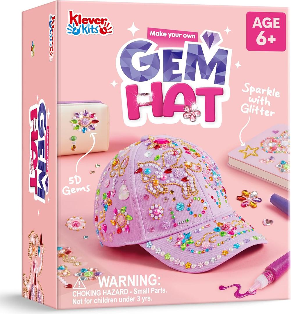 Klever Kits Gem Hat Kit for Girls, Decorate Your Own Baseball Cap with Gems Stickers, DIY Craft Kits for Kids Girls Toys Age 6-8