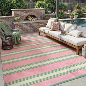 Lahome Striped Outdoor Rug 8x10 Patio Waterproof, Reversible Outdoor Plastic Straw Rug for Camping, RV Patio Rugs Outside Large Carpet for Porch Deck Backyard Picnic(Pink/Green,8'x 10')