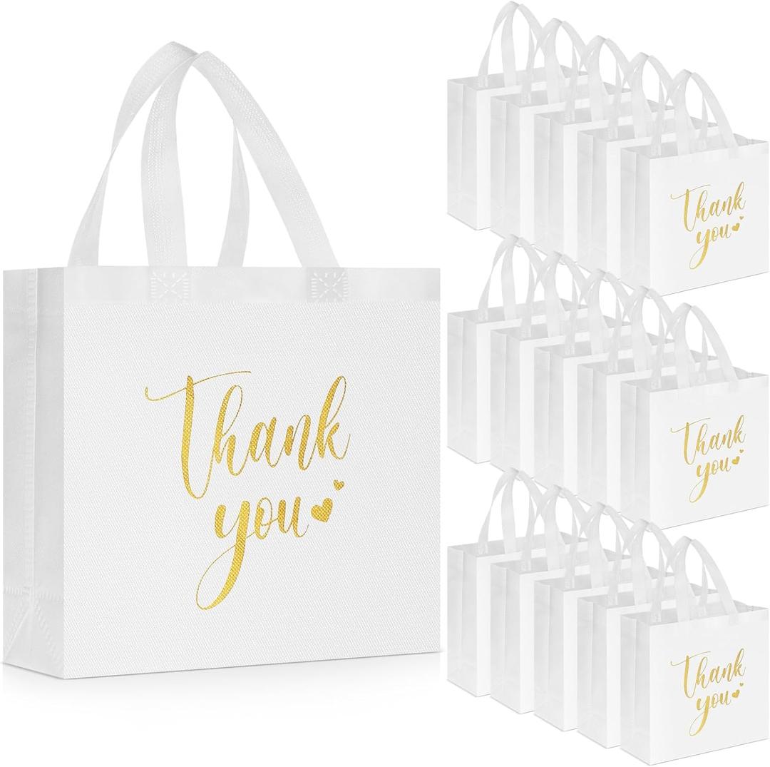 Sweetude 30 Pcs Thank You Gift Bags with Handles, Reusable Non Woven Foldable Goodie Bags Bulk for Graduation Easter Wedding Bridesmaid Favors(11 x 12 x 5 Inch,White)