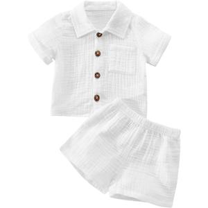 SHIBAOZI Toddler Baby Boys Clothes Set Button-Down Shirt Tops + Cotton Linen Shorts Summer Outfit 2PCS with Pockets (12-18 Months, Pure White)