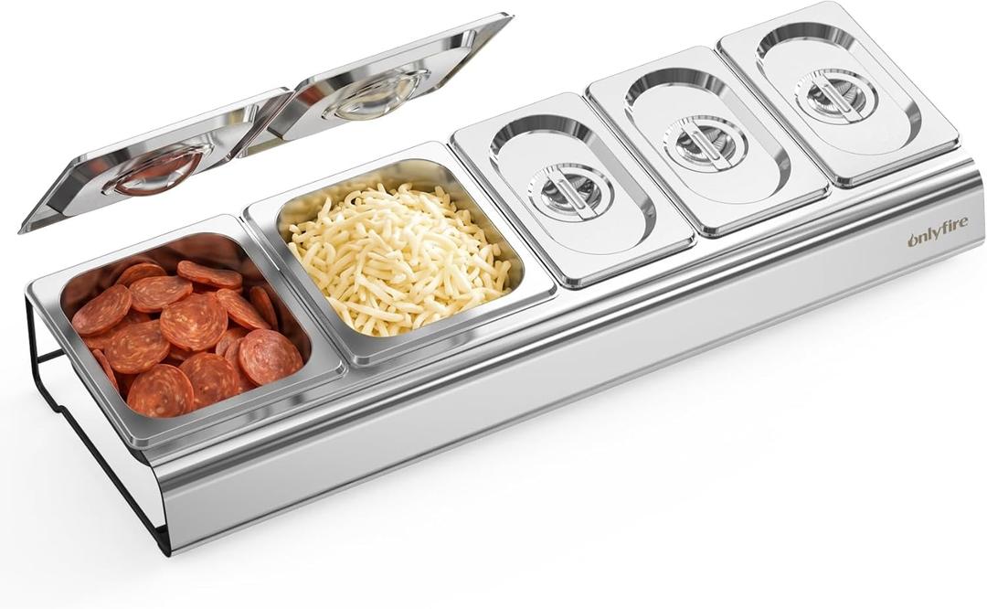 onlyfire Pizza Topping Station, Stainless Steel Removable Ingredient Seasoning Containers, Condiment Serving Container Pizza Oven Accessories for Grill Table Cart, Kitchen and Outdoor Pizza Oven