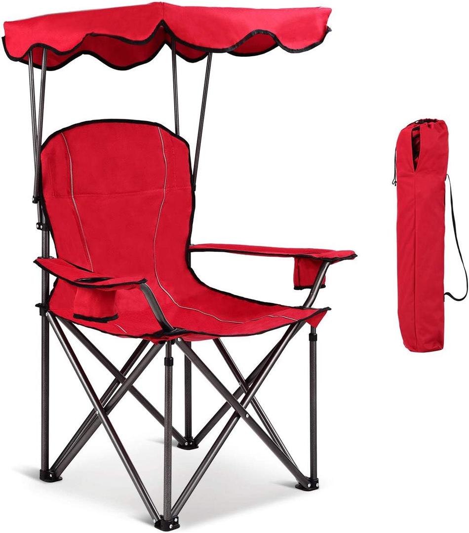 Goplus Camping Chair with Canopy Shade, Folding Lawn Chair with Umbrella Cup Holder & Carry Bag, Portable Sunshade Chair for Adults for Beach Outdoor Travel Hiking Fishing (Red)