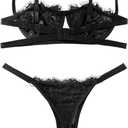 Lilosy Sexy Eyelash Underwire Floral Lace Sheer O Ring Linked Cutout Lingerie Set 2 Piece (Black)