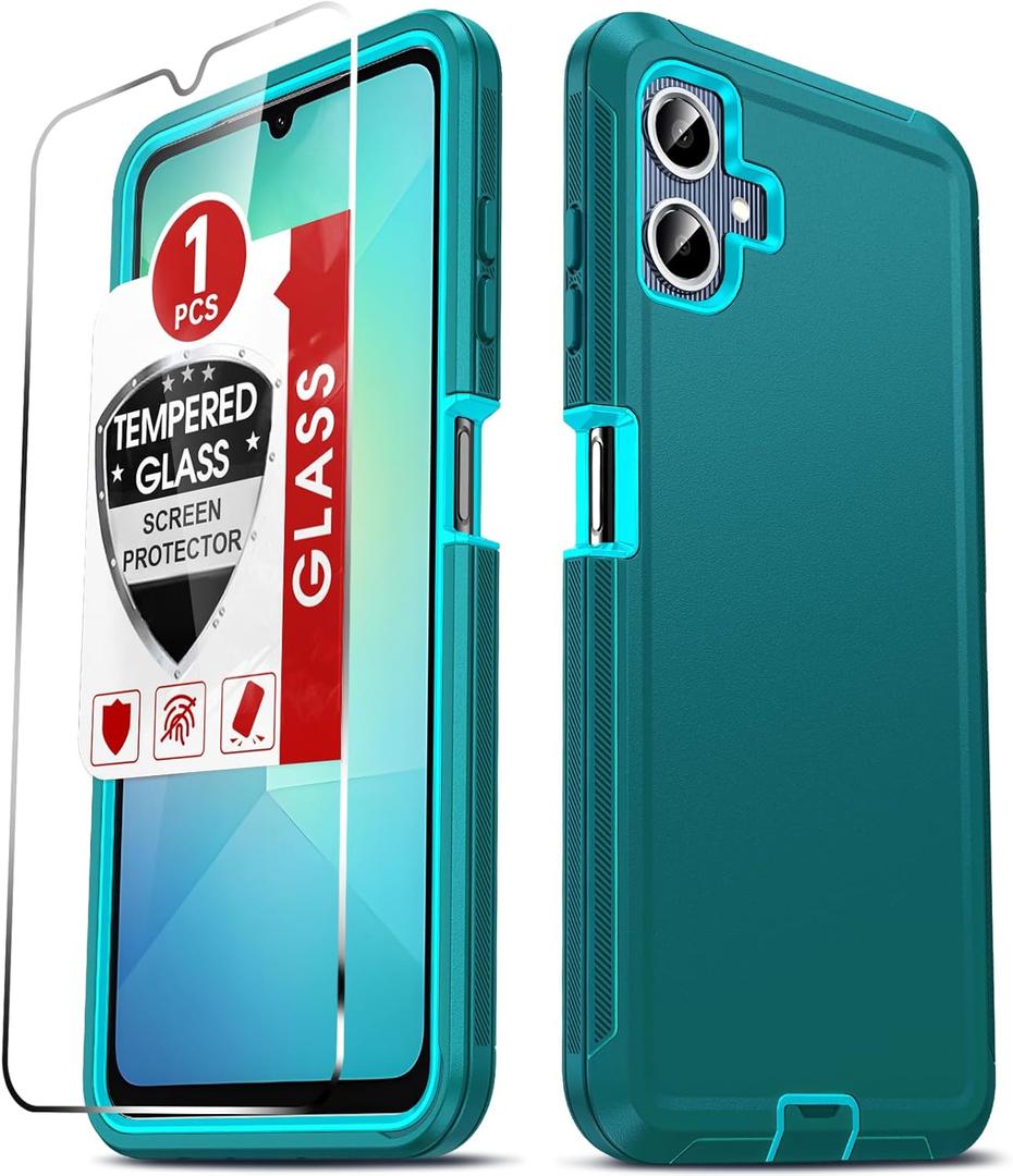 LeYi Compatible for Samsung Galaxy A06 Phone Case:NOT FIT A05 with Tempered Glass Screen Protector, 3 in 1 Rugged Cover, Military Grade Shockproof Cell Phone Android Funda para AO6 A 06, Teal Blue