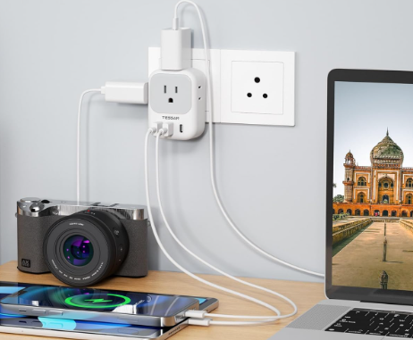 India Plug Adapte, TESSAN Type D Travel Adapter with 4 Outlets 3 USB Charger (1 USB C Port), US to Indian Outlet Adaptor for USA to Bangladesh, India, Kuwait, Maldives