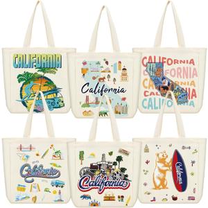 VioraWhite 6 Pcs Large Canvas Tote Bags Reusable City Souvenir Grocery Bags with Handle Shopping Basket Bulk (California)
