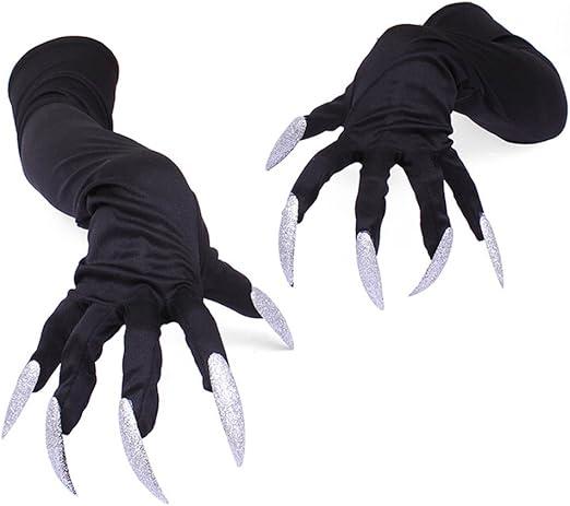 Amosfun Gloves Halloween Nails Halloween Party Costume Gloves Attached Long Fingernails,Pack of 2 (Black)