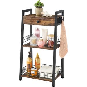 3-Tier Bathroom Ladder Shelf with Drawer, Bathroom Floor Storage Shelf, Freestanding Tower Shelf Ladder Bookshelf for Living Room, Bedroom -Rustic Brown