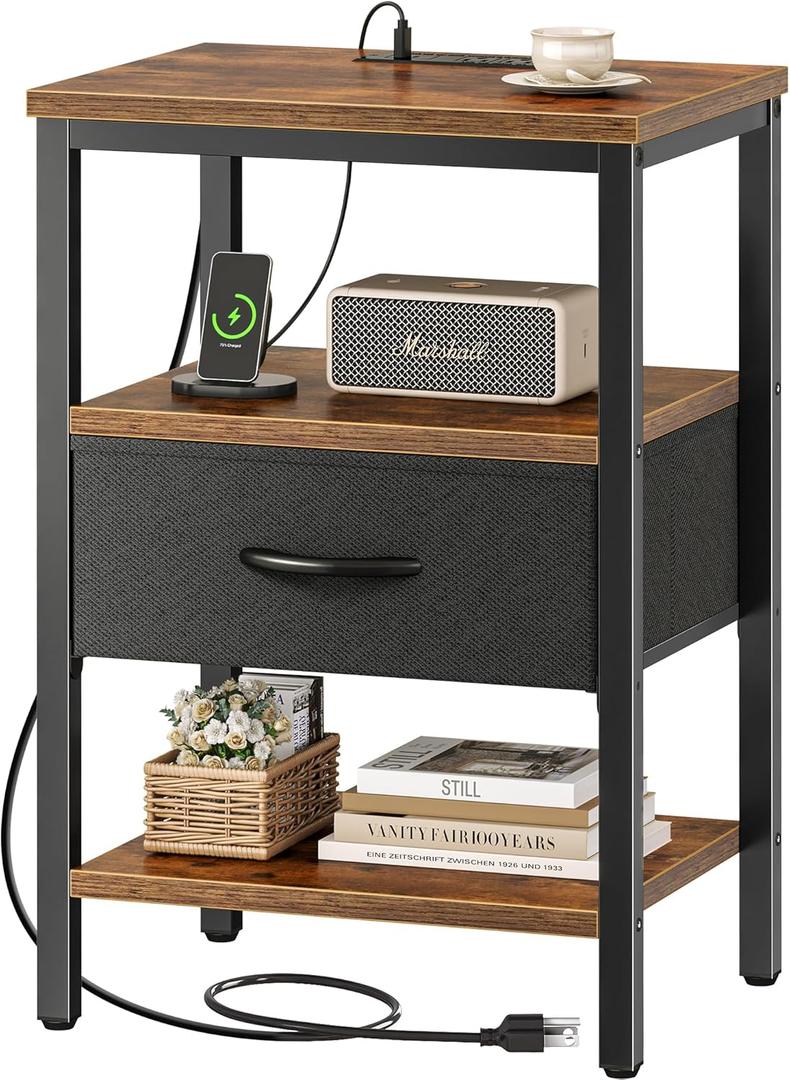 SUPERJARE Nightstand with Charging Station, Bed Side Table with Adjustable Fabric Drawer, Night Stand for Bedroom, 3-Tier Storage End Table, for Living Room, Rustic Brown and Black (M (11.8"D x 15.7"W x 23.4"H))