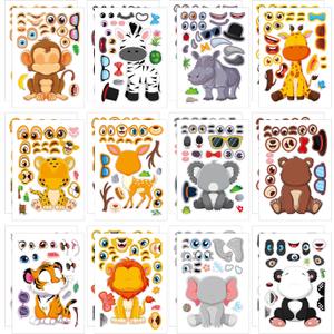 24PCS Make Your Own Animal Stickers, Tiger Monkey Giraffe Mix and Match Sticker Party Games, Wild Animal Make a Face Stickers DIY Crafts for Birthday Party Supplies School Activity Reward