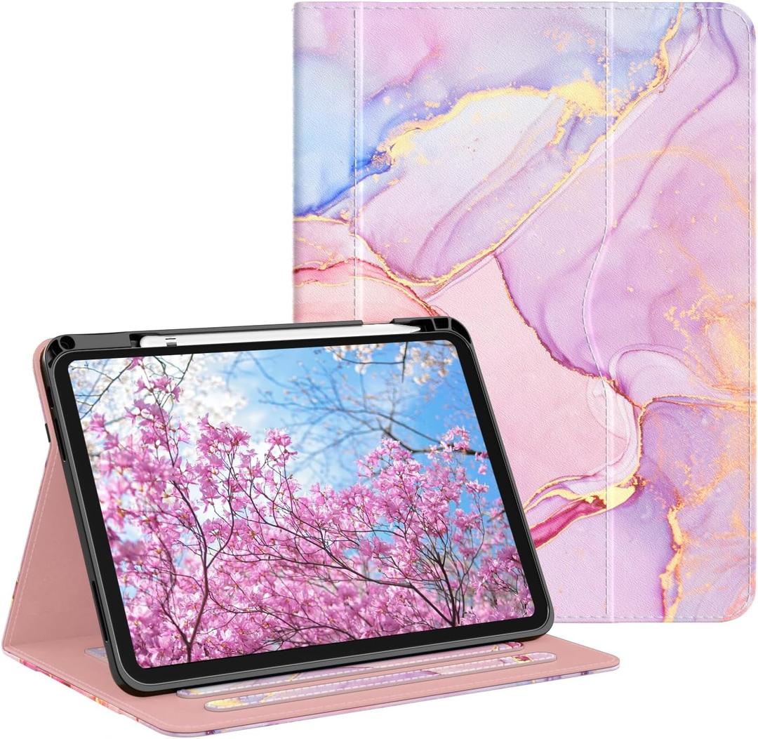 OKP Case for iPad 11-inch (A16) 2025 / 10th Generation 2022, for ipad 11th /10th 10.9 inch with Multi-Angle Viewing PU Leather Stand Cover with Pencil Holder & Pocket, Auto Sleep/Wake, Marble Rosegold