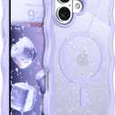 BENTOBEN Magnetic for iPhone 17 Case Clear Glitter, Cute Curly Wave Frame iPhone17 Phone Case with Magsafe, Girls Women Shockproof Shiny Cover for iPhone 17 6.3", Lavender Purple Glitter